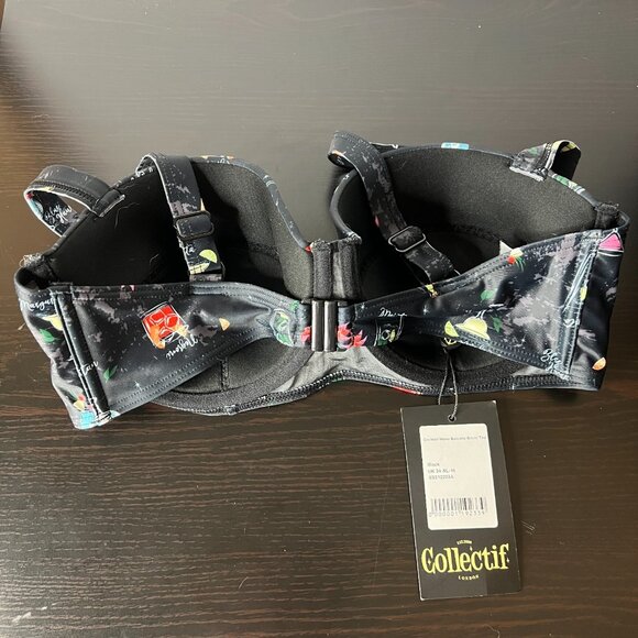 Collectif Black Retro 50s Cocktail Pinup Menu Balcony Underwire Bikini Top 16 XL - Picture 5 of 10